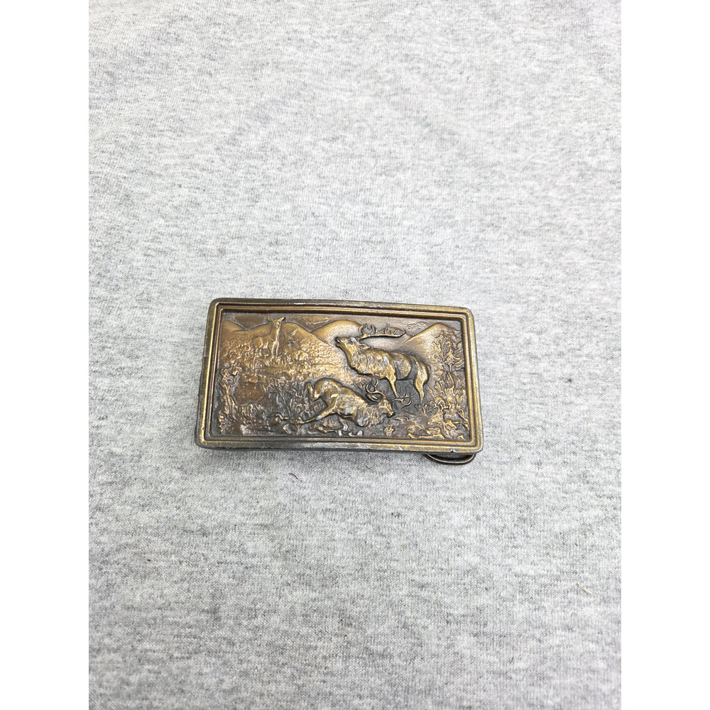 Vintage 1977 Bergamot Solid Brass Standing Elk Nature Belt Buckle Made in USA